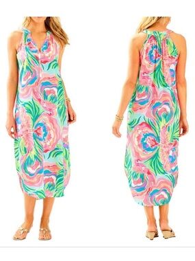 Lilly Pulitzer Bailey Silk Midi Dress - Serene Blue Paradise Bound L NWT